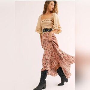 Free People FP One Printed Cypress Maxi Skirt Ruffled Tier Skirt